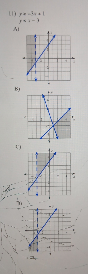 y≥ -3x+1
y≤ x-3
A)
B)
C)
D)