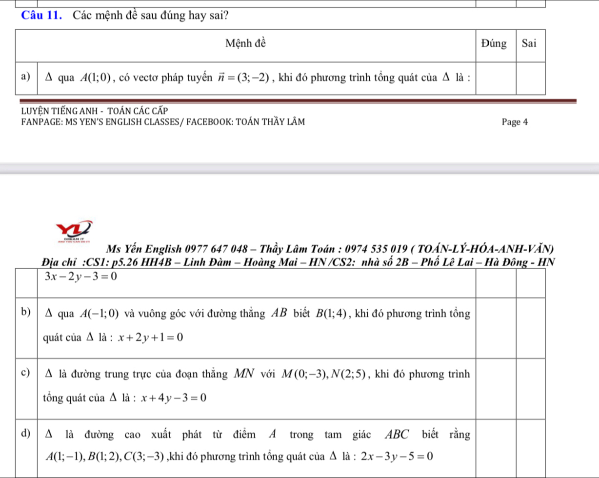 Các mệnh đề sau đúng hay sai?
LUYỆN TIẾNG ANH - TOÁN CÁC Cấp
FANPAGE: MS YEN'S ENGLISH CLASSES/ FACEBOOK: TOÁN THÃY LÂM Page 4
Ms Yến English 0977 647 048 - Thầy Lâm Toán : 0974 535 019 ( TOÁN-LÝ-HÓA-ANH-VĂN)