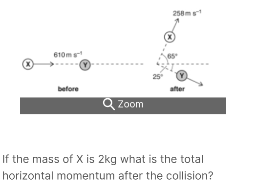 258ms^(-1)
x
610ms^(-1)
65°
a
Y
25° Y
before after 
Zoom 
If the mass of X is 2kg what is the total 
horizontal momentum after the collision?