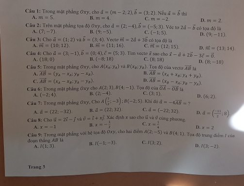 Trong mặt phẳng Oxy, cho vector a=(m-2;2),vector b=(3;2) ,, Nếu vector a=vector bth
A. m=5. B. m=4. C. m=-2. D. m=2.
Câu 2: Trên mặt phẳng tọa độ 0xy, cho vector a=(2;-4),vector b=(-5;3) Véc tơ 2vector a-vector b có tọa độ là
A. (7;-7), B. (9;-5). C. (-1;5). D. (9;-11).
Câu 3: Cho vector a=(1;2) và vector b=(3;4). Vecta vector m=2vector a+3vector b có toa đô là
A. vector m=(10;12). B. vector m=(11;16). C. vector m=(12;15). D. vector m=(13;14).
Câu 4: Ch vector a=(3;-1),vector b=(0;4),vector c=(5;3). Tim vecto 2 sao cho vector x-vector a+2vector b-3vector c=vector 0.
A. (18;0) B. (-8;18) C. (8;18) D. (8;-18)
* Câu 5: Trong mặt phẳng Oxy, cho A(x_A;y_A) và B(x_B:y_n) 1. Tọa độ của vecto vector AB là
A. vector AB=(y_A-x_A;y_B-x_B). B. vector AB=(x_A+x_B;y_A+y_B).
C. vector AB=(x_A-x_B;y_A-y_B). D. vector AB=(x_B-x_A;y_B-y_A).
Câu 6: Trong mặt phẳng 0xy cho A(2;3),B(4;-1).  Tọa độ của vector OA-vector OB=
A. (-2;4). B. (2;-4) C. (3;1). D. (6;2).
Câu 7: Trong mặt phẳng 6 y, Cho A( 7/2 ;-3);B(-2;5) Khi đó vector a=-4vector AB= ?
y>
A. vector a=(22;-32) B. vector a=(22;32). C. vector a=(-22;32). D. vector a=( (-11)/2 ;8).
Câu 8: Cho vector u=2vector i-vector j và vector v=vector i+xvector j * Xác định x sao cho ữ và ở cùng phương, x= 1/4 
A. x=-1 B. x=- 1/2  C.
D. x=2
Câu 9: Trong mặt phẳng với hệ tọa độ Oxy , cho hai điểm A(2;-5) và B(4;1) 0. Tọa độ trung điểm / của
đoạn thẳng AB là B. I(-1;-3) C. I(3;2). D. I(3;-2).
A. I(1;3).
Trang 3