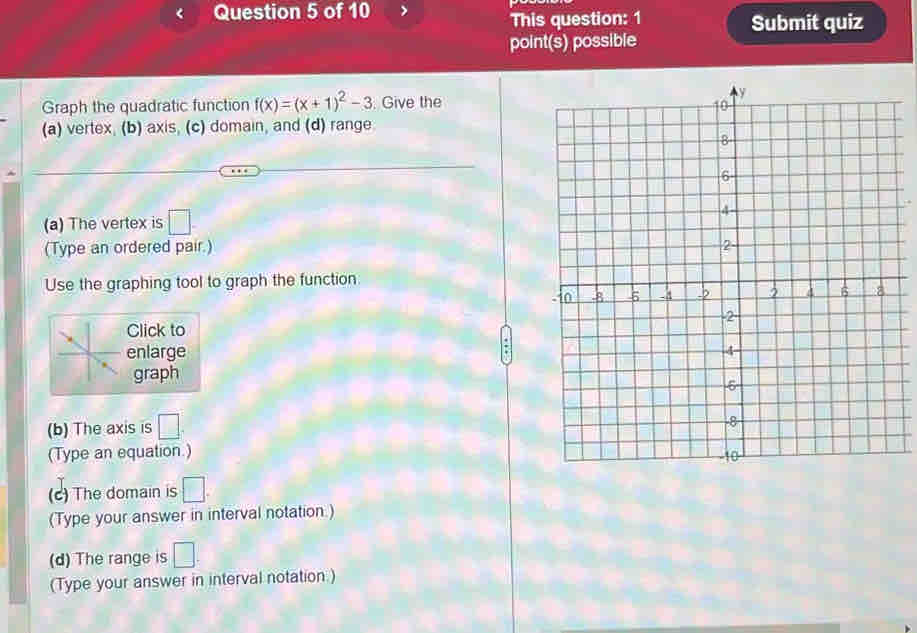 This question: 1 Submit quiz 
point(s) possible 
Graph the quadratic function f(x)=(x+1)^2-3. Give the 
(a) vertex, (b) axis, (c) domain, and (d) range 
(a) The vertex is □. 
(Type an ordered pair.) 
Use the graphing tool to graph the function 
Click to 
enlarge 
graph 
(b) The axis is □. 
(Type an equation.) 
(c) The domain is □. 
(Type your answer in interval notation.) 
(d) The range is □. 
(Type your answer in interval notation.)