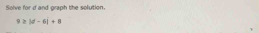 Solve for d and graph the solution.
9≥ |d-6|+8
7