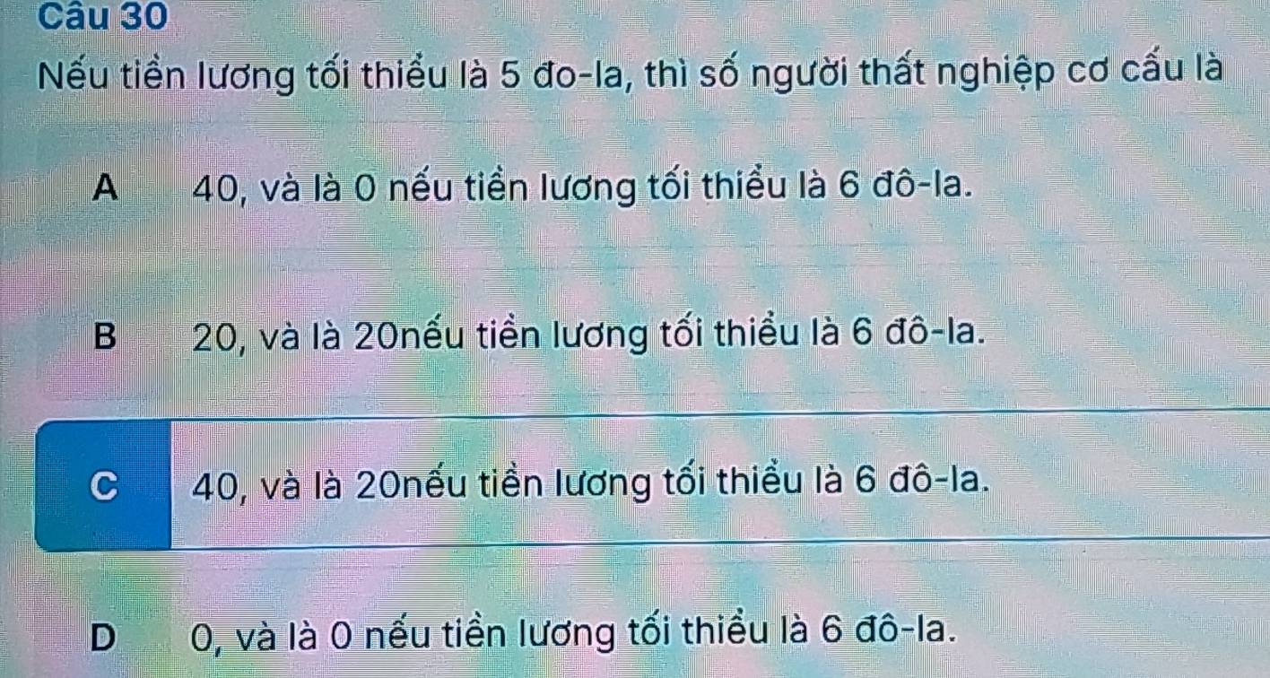 Nếu tiền lương tối thiểu là 5 đo-la, thì số người thất nghiệp cơ cấu là
A 40, và là 0 nếu tiền lương tối thiểu là 6 đô-la.
B20, và là 20nếu tiền lương tối thiều là 6 đô-la.
C40, và là 20nếu tiền lương tối thiều là 6 đô-la.
D 0, và là 0 nếu tiền lương tối thiểu là 6 đô-la.