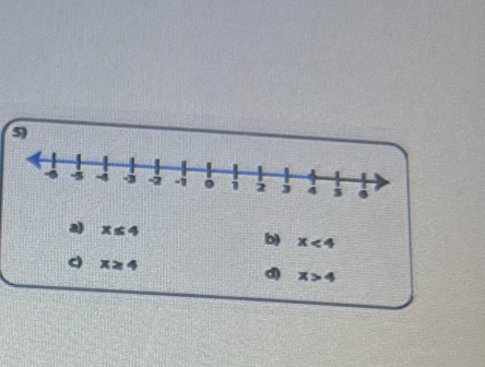 a) x≤ 4
b) x<4</tex>
x≥ 4
d) x>4