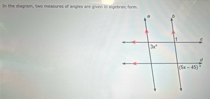 In the diagram, two measures of angles are given in algebraic form.