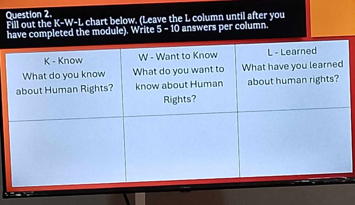 Fill out the K-W-L chart below. (Leave the L column until after you 
have completed the module). Write 5 - 10 answers per column.