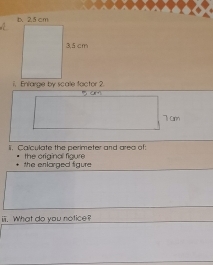 Enfarge by scale factor 2 
7 am 
ii. Calculate the perimeter and area of: 
the enlarged figure the original figure 
iii. What do you notice?