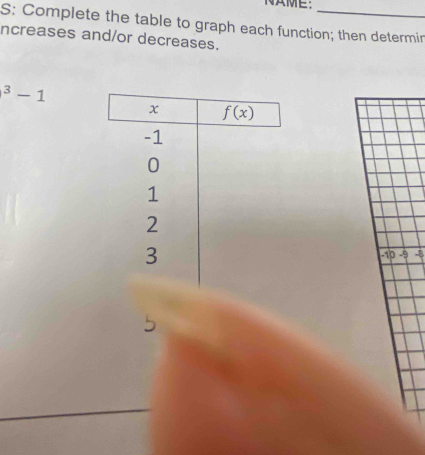 NAME:
S: Complete the table to graph each function; then determin
ncreases and/or decreases.
^3-1
-10 -9 -B
5