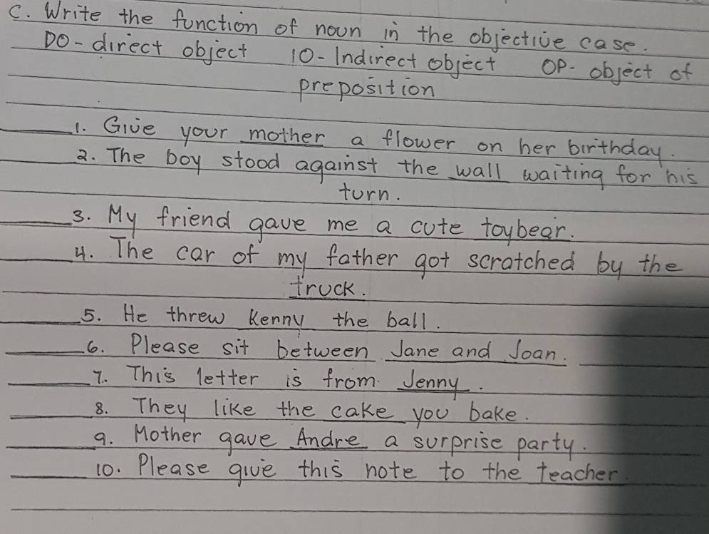 Write the function of noun in the objective case. 
Do-direct object 10-Indirect object Op-object of 
preposition 
__1. Give your mother a flower on her birthday. 
a. The boy stood against the wall waiting for his 
turn. 
_3. My friend gave me a cute toybear. 
_4. The car of my father got scratched by the 
truck. 
_5. He threw Kenny the ball. 
_6. Please sit between Jane and Joan. 
_7. This letter is from Jenny. 
_8. They like the cake you bake. 
_9. Mother gave Andre a surprise party. 
_10. Please give this note to the teacher