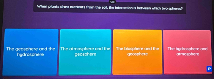 When plants draw nutrients from the soil, the interaction is between which two spheres?
The geosphere and the The atmosphere and the The biosphere and the The hydrosphere and
hydrosphere geosphere geosphere atmosphere
P