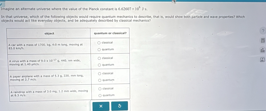 Imagine an alternate universe where the value of the Planck constant is 6.62607* 10^6J· s.
In that universe, which of the following objects would require quantum mechanics to describe, that is, would show both particle and wave properties? Which
objects would act like everyday objects, and be adequately described by classical mechanics?
?
×