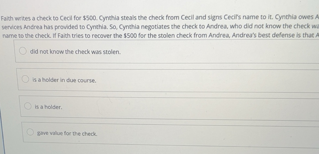Solved: Faith writes a check to Cecil for $500. Cynthia steals the ...