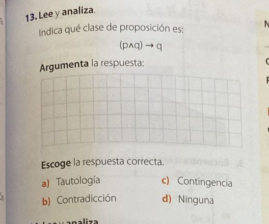 Lee y analiza.
Indica qué clase de proposición es:
N
(pwedge q)to q
Argumenta la respuesta:
(
Escoge la respuesta correcta.
a) Tautología c) Contingencia
b) Contradicción d) Ninguna
liza