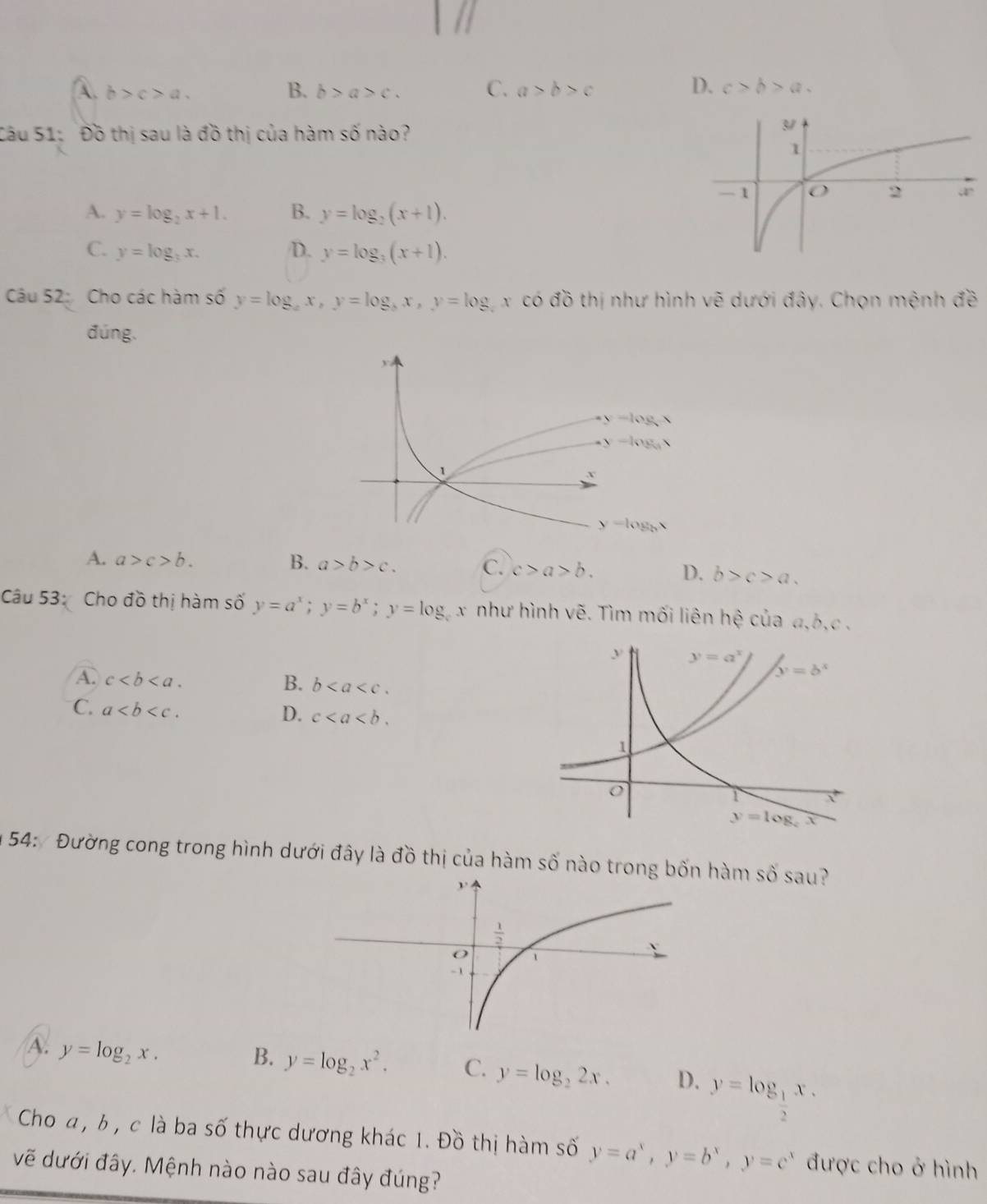D.
A. b>c>a. B. b>a>c. C. a>b>c c>b>a.
Cầu 51: Đồ thị sau là đồ thị của hàm shat 0 nào?
A. y=log _2x+1. B. y=log _2(x+1).
C. y=log _3x. D. y=log _3(x+1).
Câu 52: Cho các hàm số y=log _ax,y=log _bx,y=log _cx có widehat dO *  thị như hình vẽ dưới đây. Chọn mệnh đề
đúng.
A. a>c>b. B. a>b>c. C. c>a>b. D. b>c>a.
Câu 53: Cho đồ thị hàm số y=a^x;y=b^x;y=log _cx x như hình vẽ. Tìm mối liên hệ của a,b,c .
A. c B. b
C. a
D. c
54: Đường cong trong hình dưới đây là đồ thị của hàm số nào trong bốn hàm số sau?
A. y=log _2x.
B. y=log _2x^2. C. y=log _22x. D. y=log _ 1/2 x.
Cho a , b , c là ba số thực dương khác 1. Đồ thị hàm số y=a^x,y=b^x,y=c^x được cho ở hình
vẽ dưới đây. Mệnh nào nào sau đây đúng?