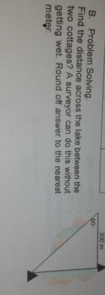 Problem Solving.
Find the distance across the lake between the
two cottages? A surveyor can do this without
getting wet. Round off answer to the nearest
meter.