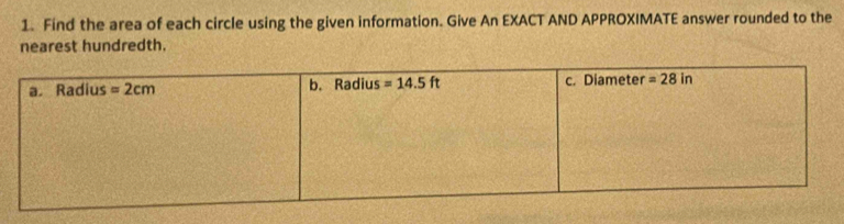 Find the area of each circle using the given information. Give An EXACT AND APPROXIMATE answer rounded to the
nearest hundredth.