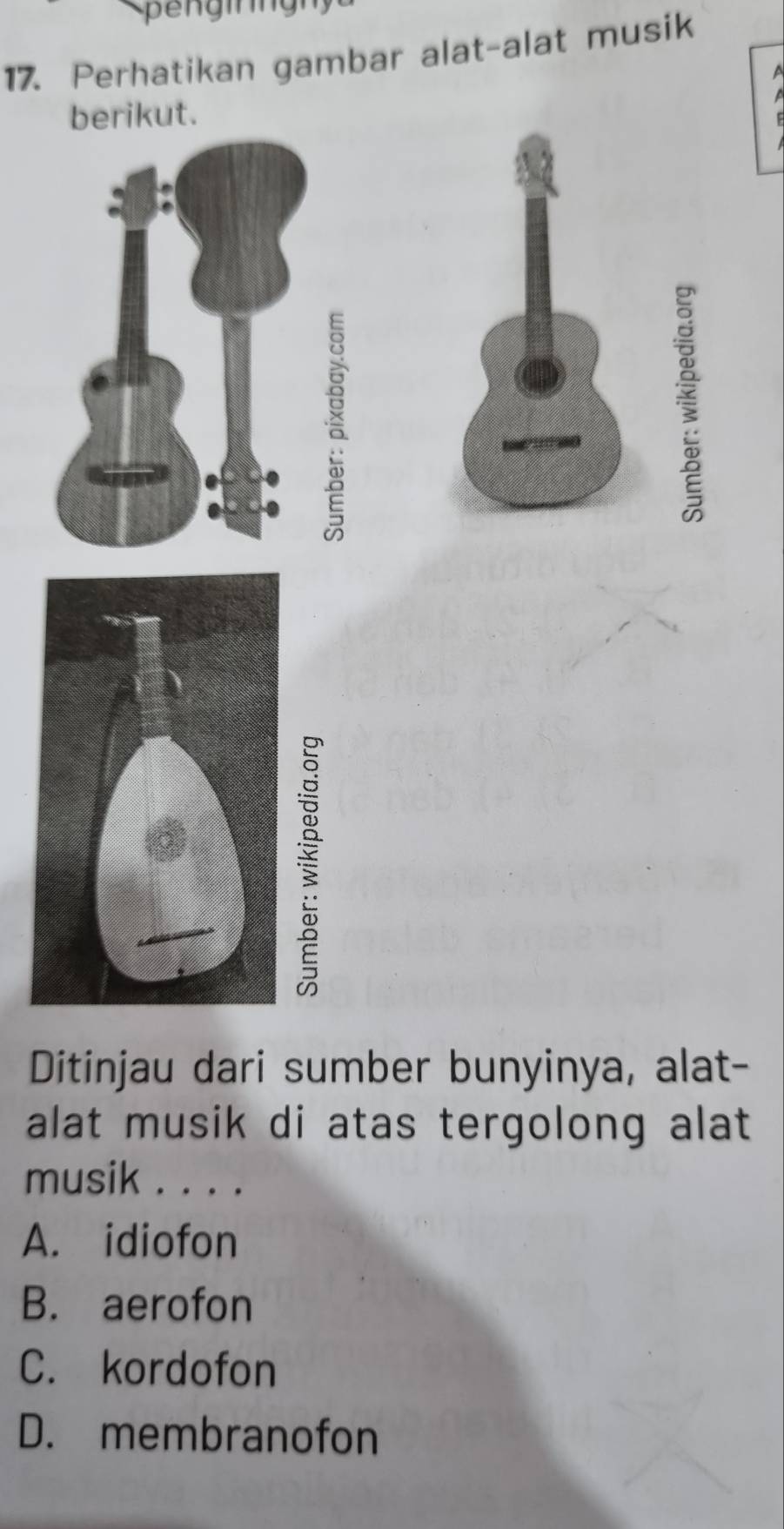 Perhatikan gambar alat-alat musik

Ditinjau dari sumber bunyinya, alat-
alat musik di atas tergolong alat
musik . . . .
A. idiofon
B. aerofon
C. kordofon
D. membranofon