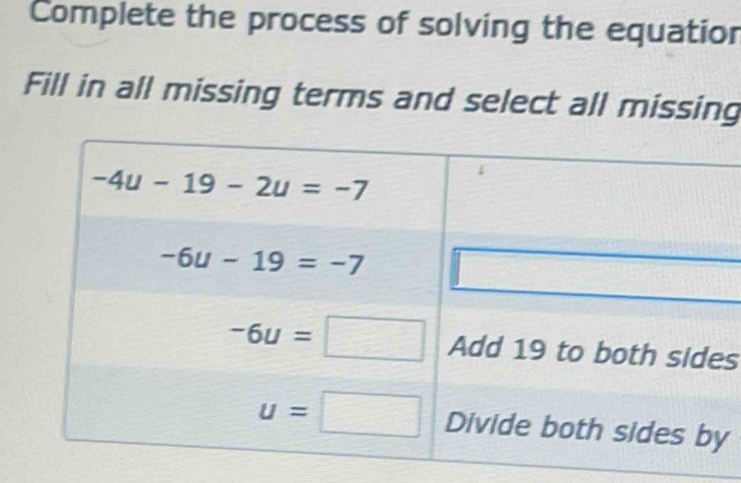 Complete the process of solving the equatior
Fill in all missing terms and select all missing
s
y