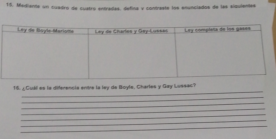 15, Mediante un cuadró de cuatro entradas, defina v contraste los enunciados de las siquientes 
_ 
16. ¿Cuál es la diferencia entre la ley de Boyle, Charles y Gay Lussac? 
_ 
_ 
_ 
_ 
_ 
_