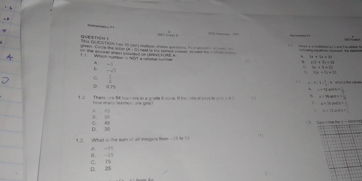 Mathematics P1
MDE/November 2024
GET-Grade 9 Mathematics P1
QUESTION 1
GET-Grade 9
This QUESTION has 10 (ten) multiple choice questions. Four possible answers are 1.7 When x is multiplied by 3 and 5 is added, th
given. Circle the letter (A-D next to the correct answer. Answer the multiple choice A. following equations represent the stateme 
on the answer sheet provided on (ANNEXURE A
3x+5x=23
1.1. Which number is NOT a rational number
A. -3
(1)
B. x(3+5)=23
B. -sqrt(3)
C. 3x+5=23
D. 3(x+5)=23
12 a、 6; 1;  1/6 ; b
C.  2/5  A. b= 1/12 
D. 0.75 what is the values
a=12 and
1.2. There are 54 learners in a grade 9 class. If the ratio of boys to girls is 4:5. (1)
a=36 and b= 1/36 
how many learners are girls? C. a=36 and b= 1/12 
D
A. 63 A=12 and b= 1/2 
B. 50
C. 49 .9 Determine the y - intercer
D. 30
(1)
1.3. What is the sum of all integers from -25 to 50
A. -75
B. -25
C. 75
D. 25