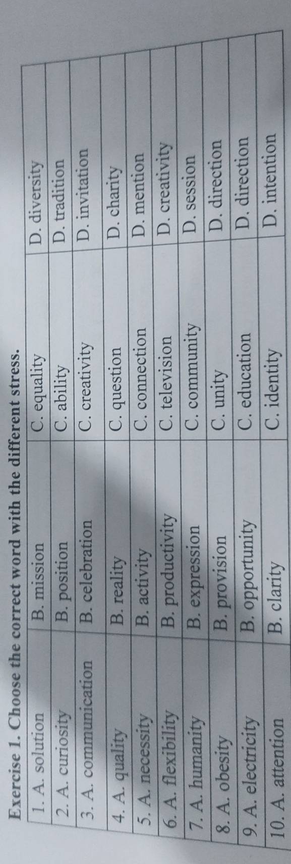 Choose the correct word with the different stress.
10. A. attention