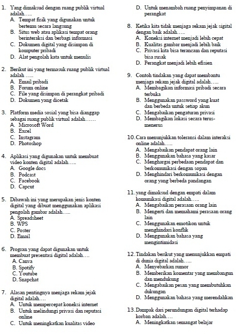 Yang dimaksud dengan ruang publik virtual D. Untuk menambah ruang penyimpanan di
adalah…… perangkat
A. Tempat fisik yang digunakan untuk
bertemu secara langsung 8. Ketika kita tidak menjaga rekam jejak sigital
B. Situs web atau aplikasi tempat orang dengan baik adalah…….
berinteraksi dan berbagi informasi A. Koneksi internet menjadi lebih cepat
C. Dokumen digital yang disimpan di B. Kualitas gambar menjadi lebih baik
komputer pribadi C. Privasi kita bisa terancam dan reputasi
D. Alat pengolah kata untuk menulis bisa rusak
D. Perangkat menjadi lebih efisien
2. Berikut ini yang termasuk ruang publik virtual
adalah _ 9. Contoh tindakan yang dapat membantu
A. Email pribadi menjaga rekam jejak digital adalah…..
B. Forum online A. Membagikan informasi pribadi secara
C. File yang disimpan di perangkat pribadi terbuka
D. Dokumen yang dicetak B. Menggunakan password yang kuat
dan berbeda untuk setiap akun
3. Platform media sosial yang bisa dianggap C. Mengabaikan pengaturan privasi
sebagai ruang publik virtual adalah. D. Membagikan lokasi secara terus-
A. Microsoft Word menerus
B. Excel
C. Instagram 10.Cara menunjukkan toleransi dalam interaksi
D. Photoshop online adalah.....
A. Mengabaikan pendapat orang lain
4. Aplıkasi yang digunakan untuk membuat B. Menggunakan bahasa yang kasar
video konten digital adalah……. C. Menghargai perbedaan pendapat dan
A. Google docs berkomunıkasi dengan sopan
B. Podcast D. Menghindari berkomunikasi dengan
C. Facebook orang yang berbeda pandangan
D. Capcut
11.yang dimaksud dengan empati dalam
5. Dibawah ini yang merupakan jenis konten komunikasi digital adalah…….
digital yang dibuat menggunakan aplıkasi A. Mengabaikan perasaan orang lain
pengolah gambar adalah…… B. Mengerti dan memahami perasaan orang
A. Spreadsheet
lain
B. WPS C. Menggunakan emotikon untuk
C. Poster menghindari konflik
D. Email D. Menggunakan bahasa yang
mengintimidasi
6. Progran yang dapat digunakan untuk 12. Tindakan berikut yang menunjukkan empati
membuat presentasi digital adalah….
A. Canva A. Menyebarkan rumor di dunia digital adalah….
B. Spotify B. Memberikan komentar yang membangun
C. Youtube
D. Snapchat dan mendukung
C. Mengabaikan pesan yang membutuhkan
7. Alasan pentingnya menjaga rekam jejak dukungan
digital adalah… D. Menggunakan bahasa yang merendahkan
A. Untuk mempercepat koneksi internet
B. Untuk melindungi privasi dan reputasi 13.Dampak dari perundungan digital terhadap
online korban adalah…
C. Untuk meningkatkan kualitas video A. Meningkatkan semangat belajar