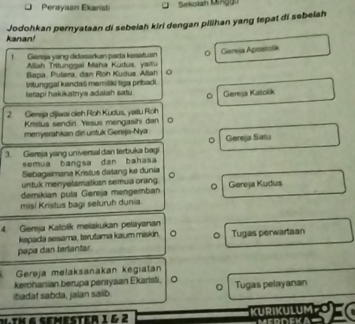 Perayaan Ekaristi Sekolah Minggu
Jodohkan pernyataan di sebelah kiri dengan piiihan yang tepat di sebelah
kanan!
Gereja yang didasarkan pada kesatuan 。 Gereja Apostolik
Allah Tritunggal Maha Kudus, yaitu
Bapa, Pulera, dan Roh Kudus, Allah
tritunggal kendali memiliki tiga pribadi 
letapi hakikatnya adalah satu
D Gereja Katolik
2. Gereja dijiwai oleh Roh Kudus, yaitu Roh
Kristus sendir Yesus mengasihi dan 。
menyerahkan diri untuk Gereja-Nya
。 Gereja Satu
3. Gereja yang universal dan terbuka bagi
semua bangsa dan bahasa
Sebagaimana Kristus dalang ke dunia
untuk menyelamatkan semua orang.
demikian pula Gereja mengemban Gereja Kudus
misi Kristus bagi seluruh dunia.
4. Gemja Katolik melakukan pelayanan
kepada sesama, terutama kaum miskin, 。 Tugas perwartaan
papa dan terlantar
Gereja melaksanakan kegiatan
kerohanian berupa perayaan Ekaristi, 。
ibadat sabda, jalan saiib Tugas pelayanan
STERIGE KURIKULUM
MEDDEKA