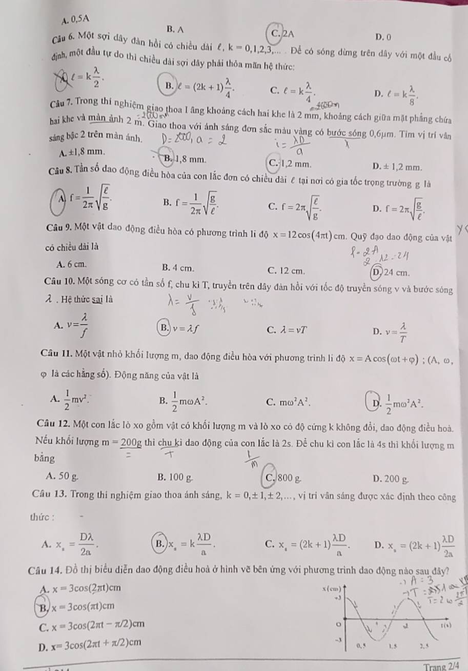 A. 0,5A
B. A C. D D. 0
Câu 6. Một sợi dây đàn hồi có chiều dài ell ,k=0,1,2,3 :  Để có sóng dừng trên dây với một đầu có
định, một đầu tự do thì chiều dài sợi dây phải thỏa mãn hệ thức:
t=k lambda /2 .
B. ell =(2k+1) lambda /4 . C. ell =k lambda /4 . ell =k lambda /8 .
D.
Câu 7. Trong thí nghiệm giao thoa I âng khoảng cách hai khe là 2 mm, khoảng cách giữa mặt phẳng chứa
hai khe và mản ảnh 2 m. Giao thoa với ảnh sáng đơn sắc màu vàng có bước sóng 0,6μm. Tim vị trí vân
sáng bậc 2 trên màn ánh.
A. ±1,8 mm.
B. 1,8 mm C. 1,2 mm. ± 1,2mm.
D.
Câu S. Tần số đao động điều hòa của con lắc đơn có chiều dài ε tại nơi có gia tốc trọng trường g là
A f= 1/2π  sqrt(frac ell )g. B. f= 1/2π  sqrt(frac g)ell . C. f=2π sqrt(frac ell )g. D. f=2π sqrt(frac g)ell .
y
Câu 9. Một vật dao động điều hòa có phương trình li độ x=12cos (4π t)cm. Quỹ đạo dao động của vật
có chiều dài là
A. 6 cm. B. 4 cm. C. 12 cm. D.24 cm.
Câu 10. Một sóng cơ có tần số f, chu kì T, truyền trên dây đàn hồi với tốc độ truyền sóng v và bước sóng
X  Hệ thức sai là
A. v= lambda /f  B. v=lambda f C. lambda =vT D. v= lambda /T 
Câu 11. Một vật nhỏ khối lượng m, dao động điều hòa với phương trình li độ x=Acos (omega t+varphi );(A,omega ,
φ là các hằng số). Động năng của vật là
A.  1/2 mv^2.  1/2 momega A^2.  1/2 momega^2A^2.
B.
C. momega^2A^2. D.
Câu 12. Một con lắc lò xo gồm vật có khối lượng m và lò xo có độ cứng k không đổi, dao động điều hoà.
Nếu khối lượng m=_ 200g thì chu kì dao động của con lắc là 2s. Để chu kì con lắc là 4s thì khối lượng m
bằng
A. 50 g. B. 100 g C. 800 g D. 200 g.
Câu 13. Trong thi nghiệm giao thoa ảnh sáng, k=0,± 1,± 2,..., vị tri vân sáng được xác định theo công
thức :
A. x_,= Dlambda /2a . )x_· =k lambda D/a . C. x_s=(2k+1) lambda D/a . D. x_n=(2k+1) lambda D/2a 
B.
Câu 14. Đồ thị biểu diễn dao động điều hoà ở hình vẽ bên ứng với phương trình dao động nào sau đây?
A. x=3cos (2π t)cm
B, x=3cos (π t)cm
C. x=3cos (2π t-π /2)cm
D. x=3cos (2π t+π /2)cm
Trane 2/4