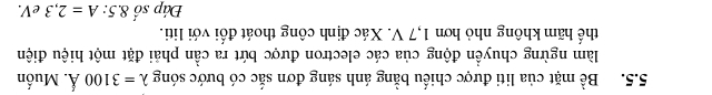 Bề mặt của liti được chiếu bằng ánh sáng đơn sắc có bước sóng lambda =3100A 1. Muốn 
làm ngừng chuyển động của các electron được bứt ra cần phải đặt một hiệu điện 
thể hãm không nhỏ hơn 1,7 V. Xác định công thoát đối với liti. 
Đáp số 8.5 : A=2,3 eV.