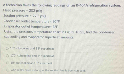 A technician takes the following readings on an R-404A refrigeration system:
Head pressure =202psig
Suction pressure =27.5psig
Condenser outlet temperature =80°F
Evaporator outlet temperature =8°F
Using the pressure/temperature chart in Figure 10.25, find the condenser
subcooling and evaporator superheat amounts.
10° subcooling and 13° superheat
170° subcooling and 3° superheat
10° subcooling and 3° superheat
who really cares as long as the suction line is beer can cold.