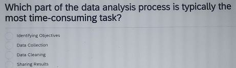 Which part of the data analysis process is typically the
most time-consuming task?
Identifying Objectives
Data Collection
Data Cleaning
Sharing Results