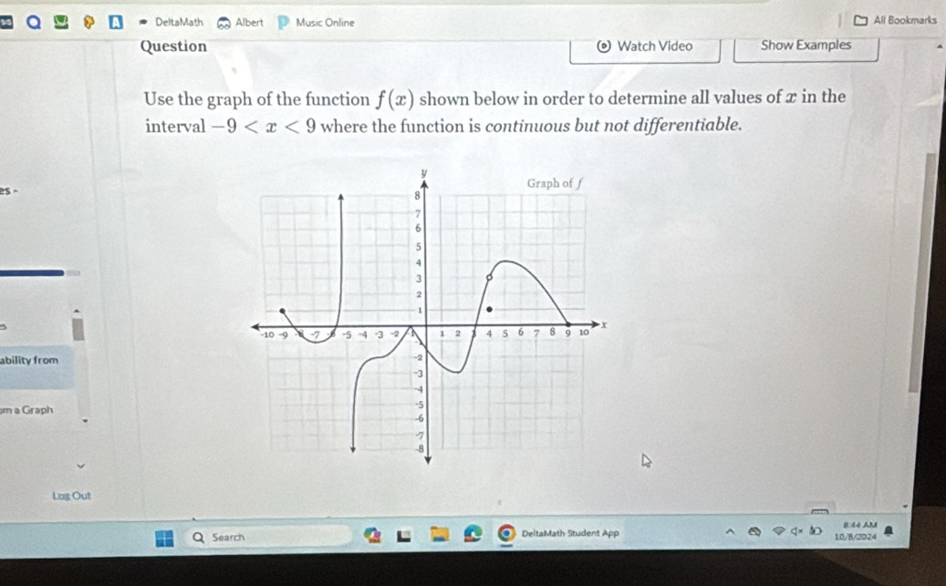 DeltaMath Albert Music Online All Bookmarks 
Question Watch Video Show Examples 
Use the graph of the function f(x) shown below in order to determine all values of x in the 
interval -9 where the function is continuous but not differentiable. 
es· 
ability from 
m a Graph 
Log Out 
8:44 AM 
Search DeltaMath Student App 10/8/2024