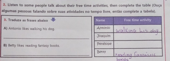 Listen to some people talk about their free time activities, then complete the table (Ouça 
algumas pessoas falando sobre suas atividades no tempo livre, então complete a tabela). 
3. Traduza as frases abaixo 
A) Antonio likes walking his dog. 
_ 
B) Betty likes reading fantasy books. 
_