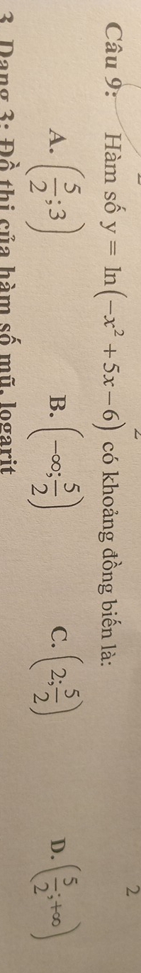 Hàm số y=ln (-x^2+5x-6) có khoảng đồng biến là:
A. ( 5/2 ;3) (-∈fty ; 5/2 ) (2; 5/2 ) ( 5/2 ;+∈fty )
B.
C.
D.
3. Dang 3: Đồ thị của hàm số mũ. logarit