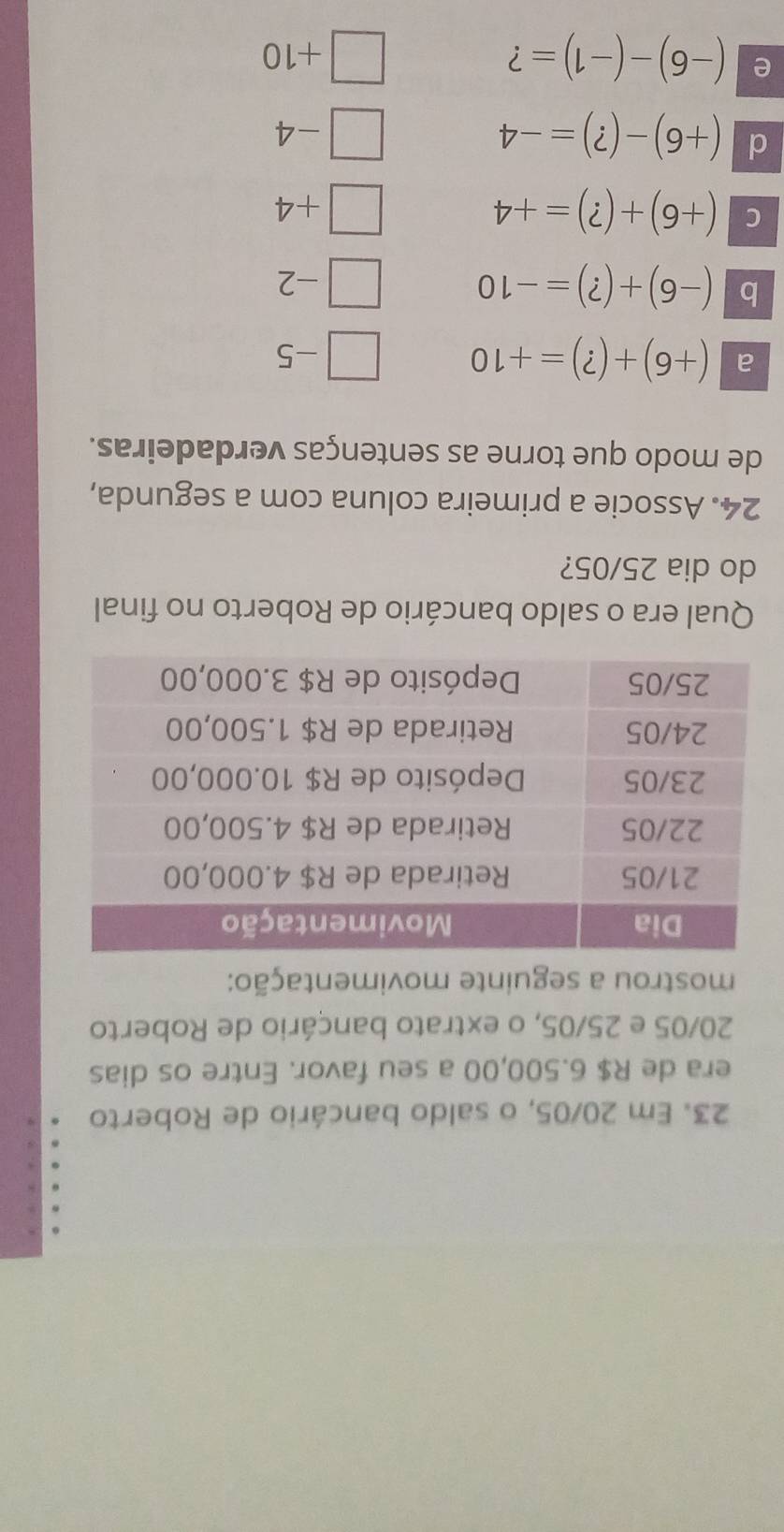 Em 20/05, o saldo bancário de Roberto
era de R$ 6.500,00 a seu favor. Entre os dias
20/05 e 25/05, o extrato bancário de Roberto
mostrou a seguinte movimentação:
Qual era o saldo bancário de Roberto no final
do dia 25/05?
24. Associe a primeira coluna com a segunda,
de modo que torne as sentenças verdadeiras.
a (+6)+(?)=+10
-5
b (-6)+(?)=-10
-2
C (+6)+(?)=+4
+4
d (+6)-(?)=-4
-4
e (-6)-(-1)= ? +10