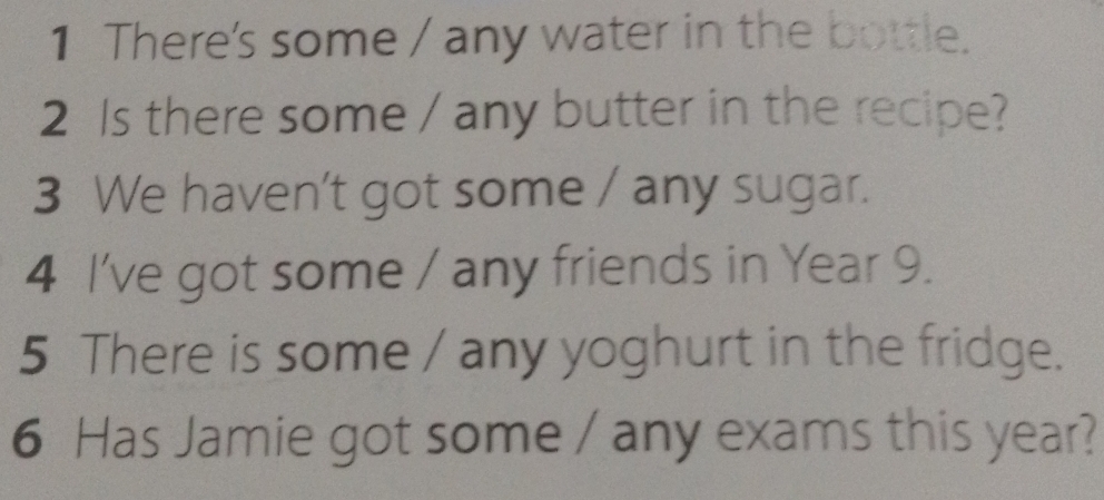 There's some / any water in the bottle. 
2 Is there some / any butter in the recipe? 
3 We haven't got some / any sugar. 
4 I've got some / any friends in Year 9. 
5 There is some / any yoghurt in the fridge. 
6 Has Jamie got some / any exams this year?