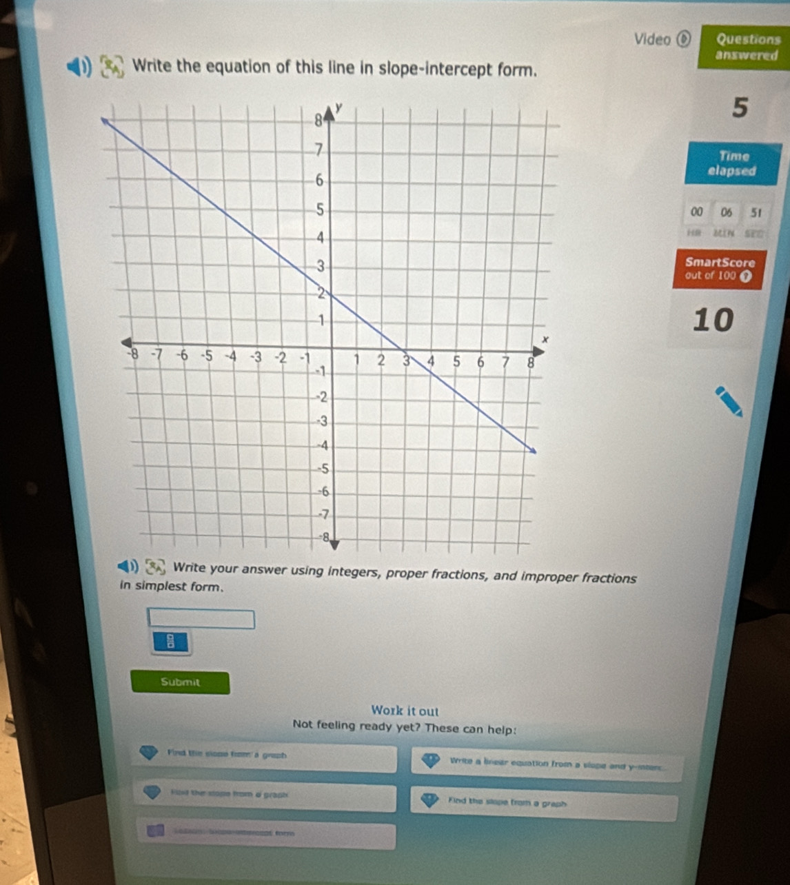 Video ⑥ Questions 
answered 
Write the equation of this line in slope-intercept form.
5
Time 
elapsed 
00 06 51 
H SED 
SmartScore 
out of 100 o
10
answer using integers, proper fractions, and improper fractions 
in simplest form. 
a 
Submit 
Work it out 
Not feeling ready yet? These can help: 
Find the slose from a graph Write a linear equation from a viope and y -inter 
Filt the stopo from o graph Find the slope from a graph 
La tagia Spen itgncion erm