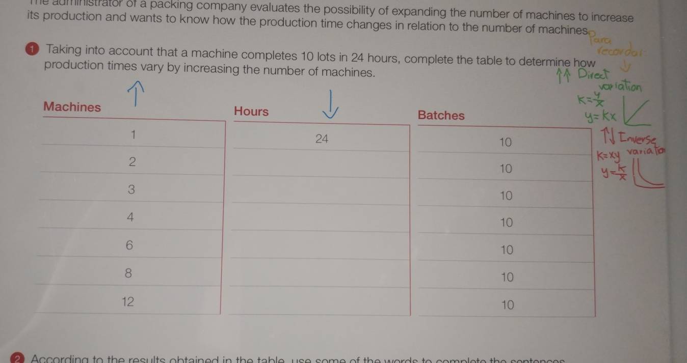 Te auministrator of a packing company evaluates the possibility of expanding the number of machines to increase 
its production and wants to know how the production time changes in relation to the number of machines 
1 Taking into account that a machine completes 10 lots in 24 hours, complete the table to determine how 
production times vary by increasing the number of machines. 
2 A ccording to the results obtained in the table, use some of the words to comple