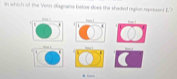 In which of the Venn diagrams below does the shaded region represent L'? 
Venn 3
Yem a Yeou 5.