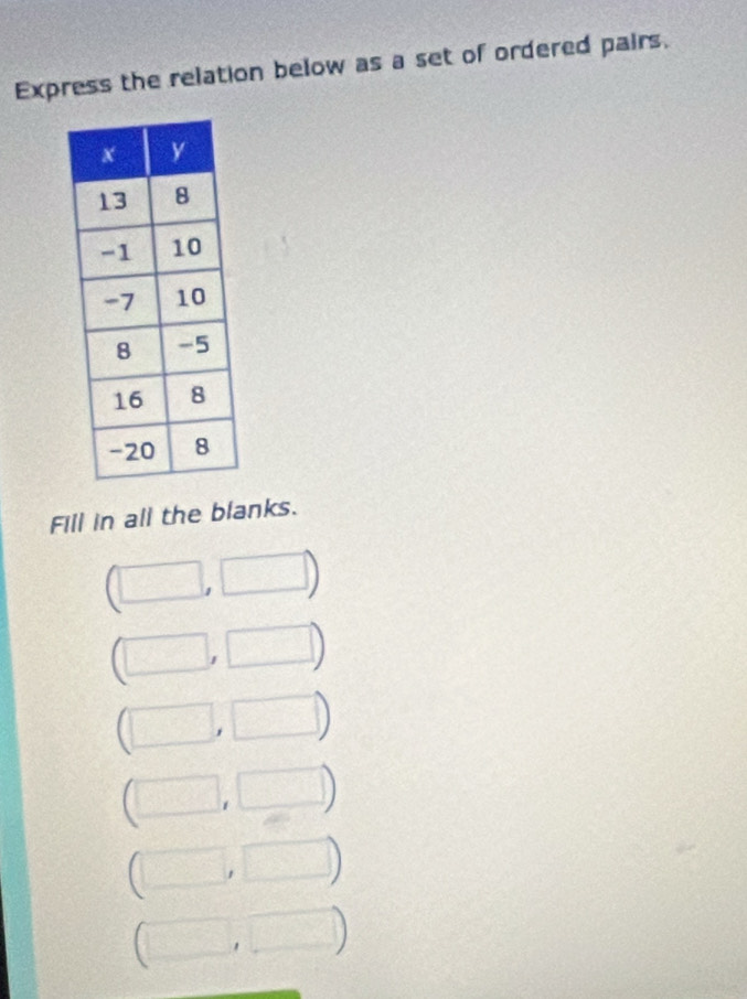 Express the relation below as a set of ordered pairs. 
Fill in all the blanks. 
. 
.