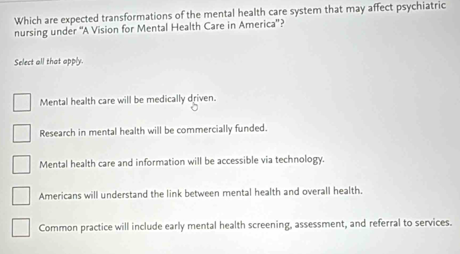 Which are expected transformations of the mental health care system that may affect psychiatric
nursing under “A Vision for Mental Health Care in America”?
Select all that apply.
Mental health care will be medically driven.
Research in mental health will be commercially funded.
Mental health care and information will be accessible via technology.
Americans will understand the link between mental health and overall health.
Common practice will include early mental health screening, assessment, and referral to services.