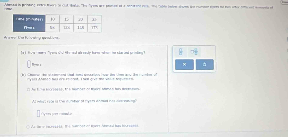 Ahmad is printing extra Nyers to distribute. The flyers are printed at a constant rate. The table below shows the number fyers he has after different amounts of
time.
Answer the following questions.
(a) How many flyers did Ahmad already have when he started printing?
 □ /□   □  □ /□  
flyers × 5
(b) Choose the statement that best describes how the time and the number of
fyers Ahmad has are related. Then give the value requested.
As time increases, the number of flyers Ahmad has decreases.
At what rate is the number of flyers Ahmad has decreasing?
Nyers per minute
As time increases, the number of flyers Ahmad has increases.