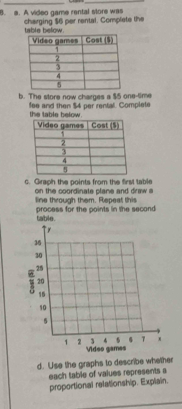 A video game rental store was 
charging $6 per rental. Complete the 
table below. 
b. The store now charges a $5 one-time 
fee and then $4 per rental. Complete 
the table below. 
c. Graph the points from the first table 
on the coordinate plane and draw a 
line through them. Repeat this 
process for the points in the second 
table. 
d. Use the graphs to describe whether 
each table of values represents a 
proportional relationship. Explain.