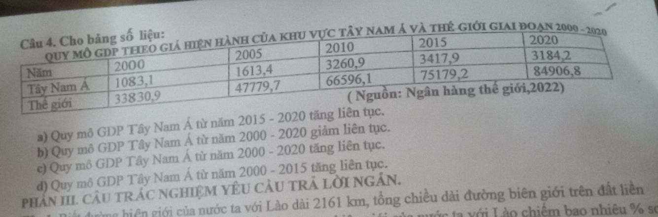 và thê giới giai đoạn 200
a) Quy mô GDP Tây Nam Á từ năm 2015 - 2020 tă
b) Quy mô GDP Tây Nam Á từ năm 2000 - 2020 giảm liên tục.
e) Quy mô GDP Tây Nam Á từ năm 2000 - 2020 tăng liên tục.
d) Quy mô GDP Tây Nam Á từ năm 2000 - 2015 tăng liên tục.
pHầN III. CÂU TRÁC NGHIệM YÊU CÂU TRẢ LờI NGÂN.
Ct đường hiện giới của nước ta với Lào dài 2161 km, tổng chiều dài đường biên giới trên đất liền
nước ta với Lào chiếm bao nhiêu % sơ