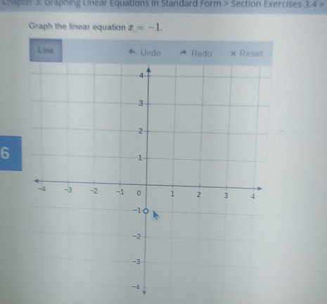 Chapter 3: Graphing Linear Equations in Standard Form > Section Exercises 3,4 > 
Graph the linear equation x=-1. 
Line 
6