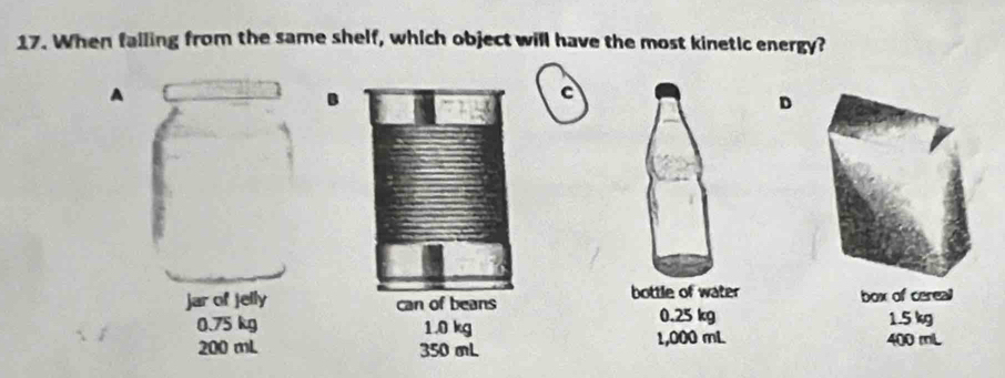 When falling from the same shelf, which object will have the most kinetic energy?
A
B
c
D
jar of jelly can of beans bottle of water box of cereal
0.25 kg
0.75 kg 1.0 kg 1.5 kg
200 mL 350 mL 1,000 mL 400 mL