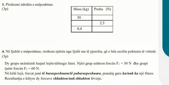 Plotësoni tabelën e mëposhtme. 
(3p) 
4. Në fjalitë e mëposhtme, rrethoni njërën nga fjalët me të pjerrëta, që e bën secilin pohimin të vërtetë. 
(3p) 
Dy grupe nxënësish luajnë lojën tërheqje litari. Njëri grup ushtron forcën F_1=30N dhe grupi 
tjetër forcën F_2=60N. 
Në këtë lojë, forcat janë të baraspeshuara/të pabaraspeshuara, prandaj gara ka/nuk ka një fitues. 
Rezultantja e këtyre dy forcave shkakton/nuk shkakton lëvizje.