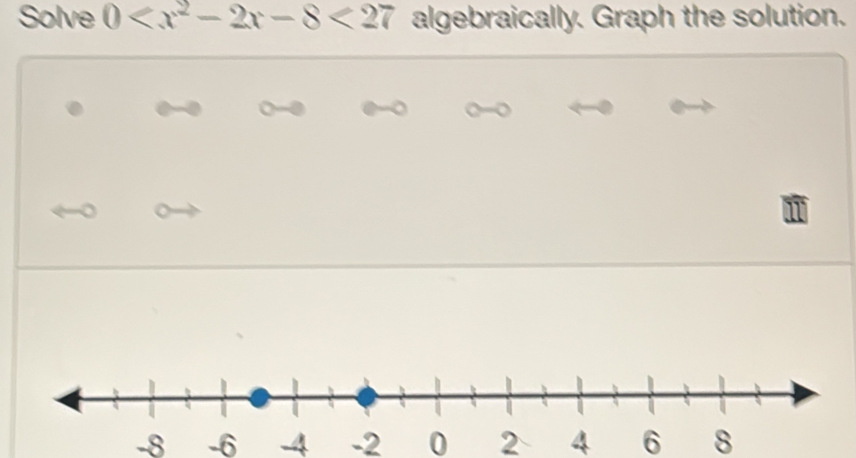 Solve 0 <27</tex> algebraically. Graph the solution.
-8 -6 -4 -2 0 2 4 6 8