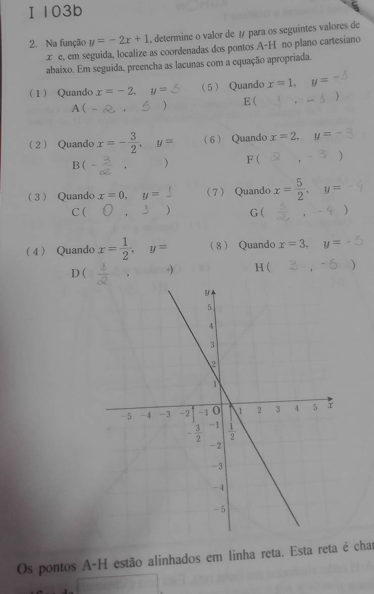 Ⅰ103b
2. Na função y=-2x+1 , determine o valor de y para os seguintes valores de
x e, em seguida, localize as coordenadas dos pontos A-H no plano cartesiano
abaixo. Em seguida, preencha as lacunas com a equação apropriada.
1 Quando x=-2,y= 5 Quando x=1,y=
A(
E (□ ,□ ,-1)
2 Quando x=- 3/2 ,y= 6 Quando x=2,y=
^^circ 
B(
)
F(
3 Quando x=0,y= 7 Quando x= 5/2 ,y=
C ( ) G( ()
4 Quando x= 1/2 ,y= 8 Quando x=3,y=
)
D(

H(
()^-frac 
Os pontos A-H estão alinhados em linha reta. Esta reta é char