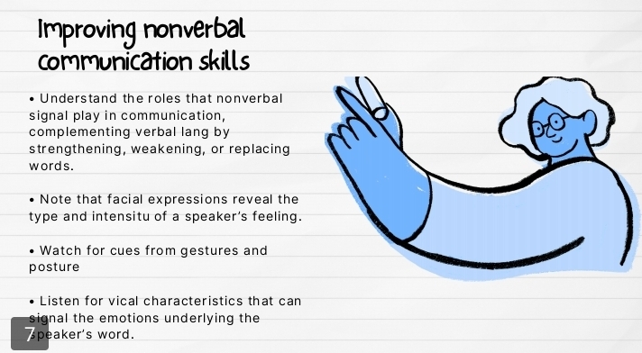 Improving nonverbal 
communication skills 
Understand the roles that nonverbal 
signal play in communication, 
complementing verbal lang by 
strengthening, weakening, or replacing 
words. 
Note that facial expressions reveal the 
type and intensitu of a speaker’s feeling. 
Watch for cues from gestures and 
posture 
Listen for vical characteristics that can 
signal the emotions underlying the 
peaker's word.